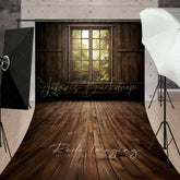 Lofaris Rustic Cabin Window Sweep Photography Backdrop with Wood Floor Forest Sunlight View Moody Woodland Studio Photo Prop